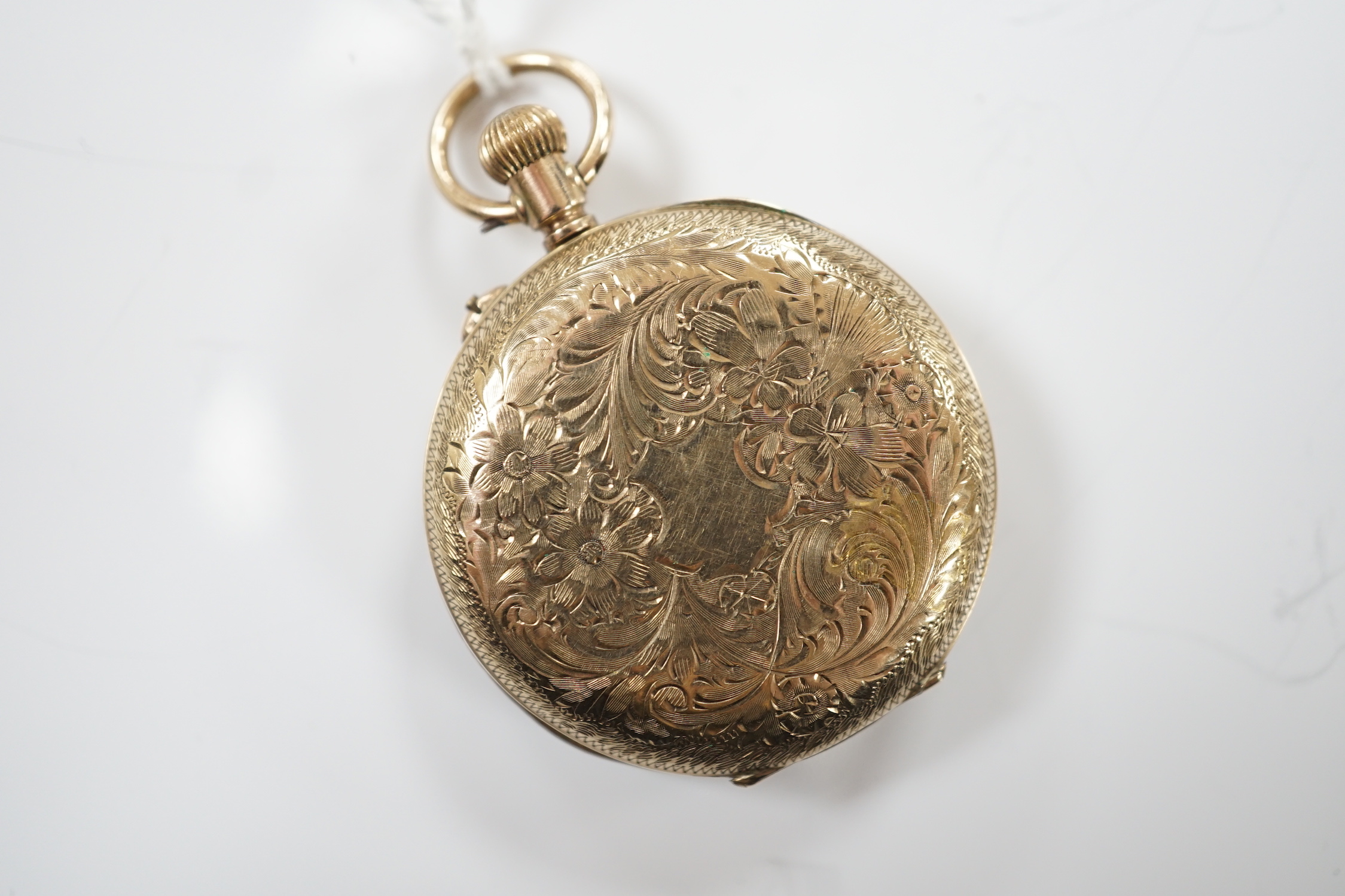 A Swiss 9ct gold open face fob watch, with Roman dial, glass loose, gross weight 26.3 grams.